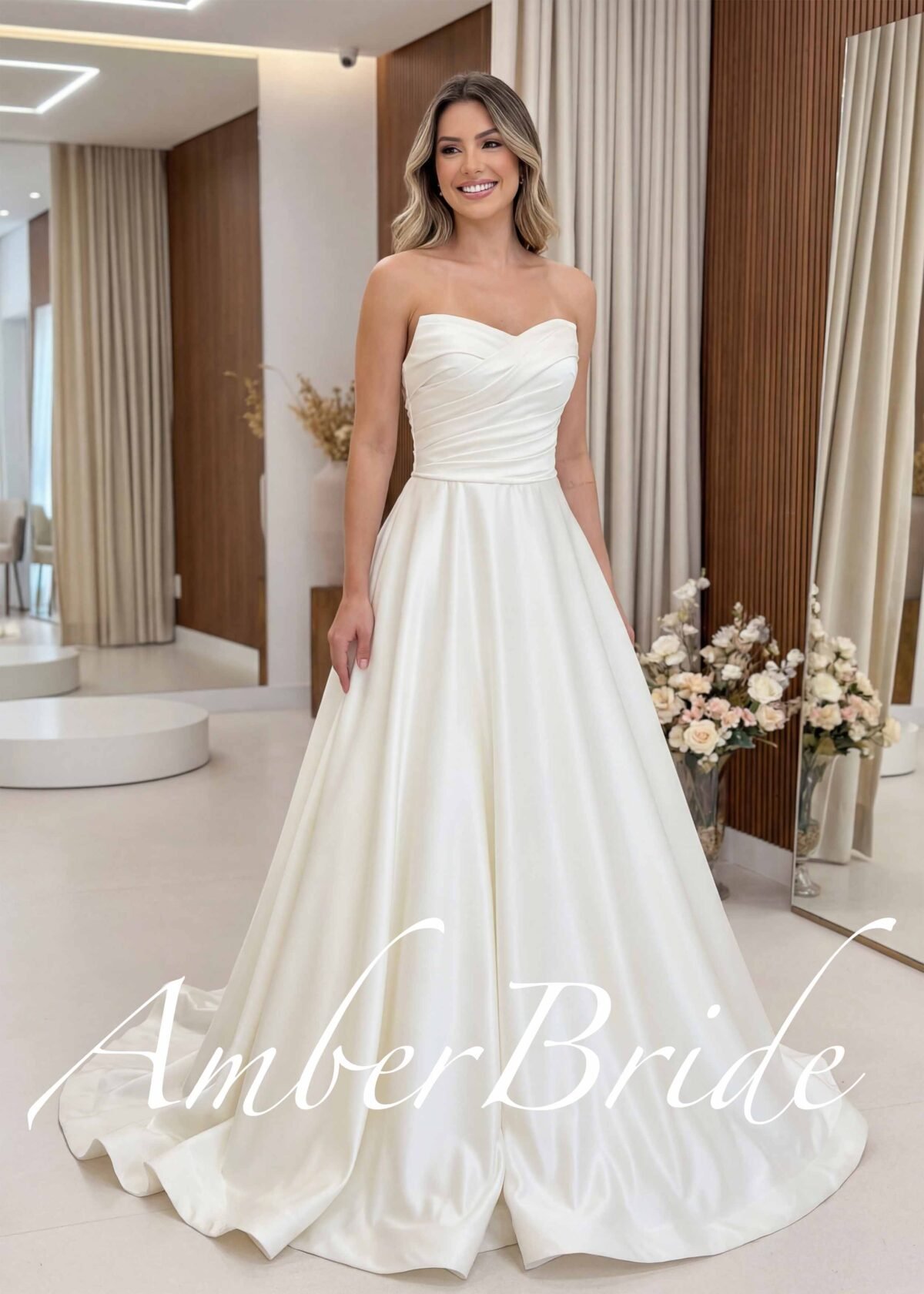 Klasikinė satino vestuvinė suknelė su korsetu