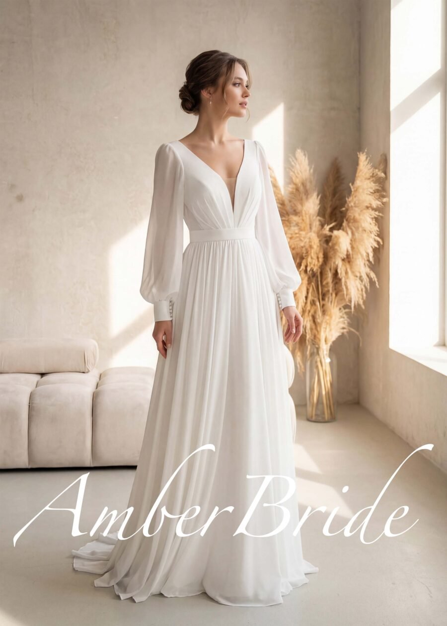 Lengva šifoninė suknelė ilgomis pūstomis rankovėmis ir šleifu