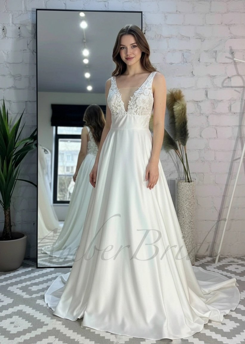 Romantiško stiliaus gėlėta suknelė su satino sijonu ir atvira nugara