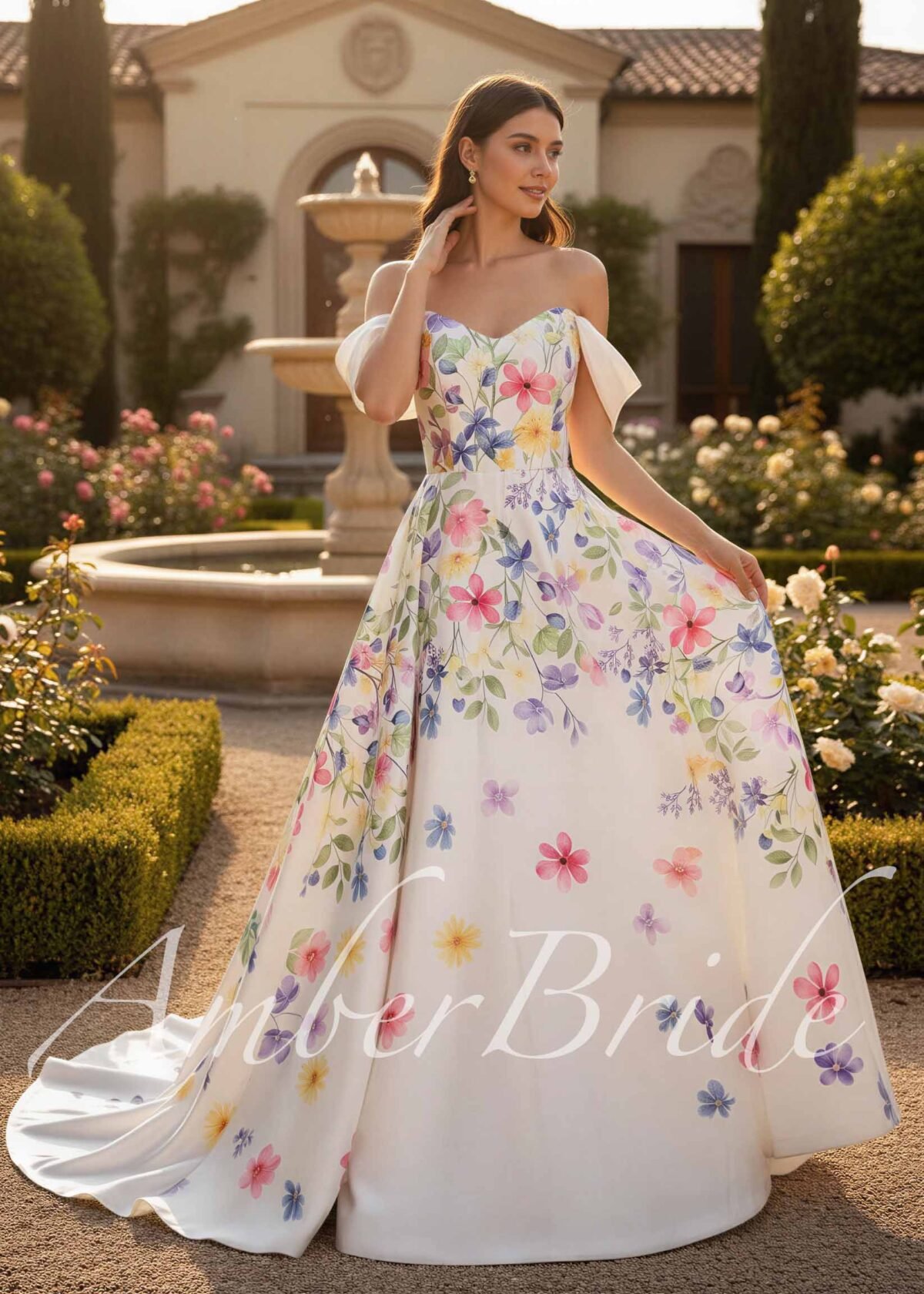 Romantiška vestuvinė suknelė su spalvotomis gėlėmis ir nusegamomis petnešėlėmis