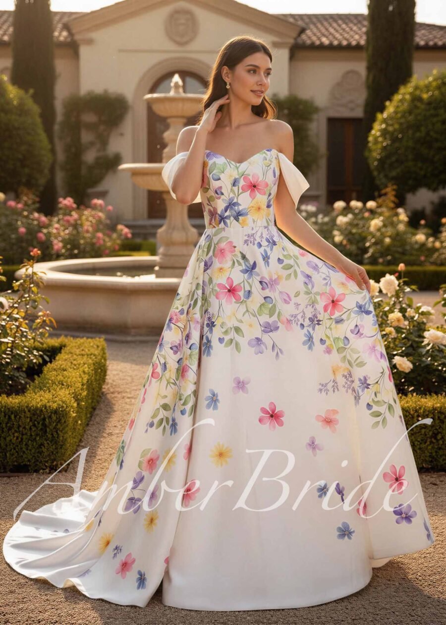 Romantiška vestuvinė suknelė su spalvotomis gėlėmis ir nusegamomis petnešėlėmis