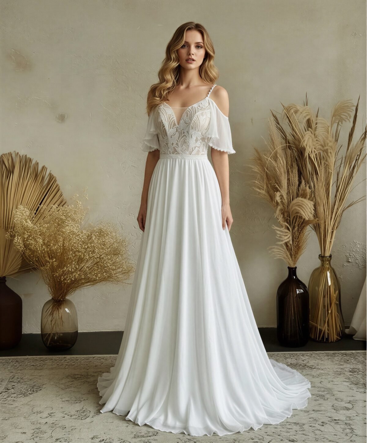 Boho stiliaus ilgo šifoninio sijono vestuvinė suknelė atvirais pečiais