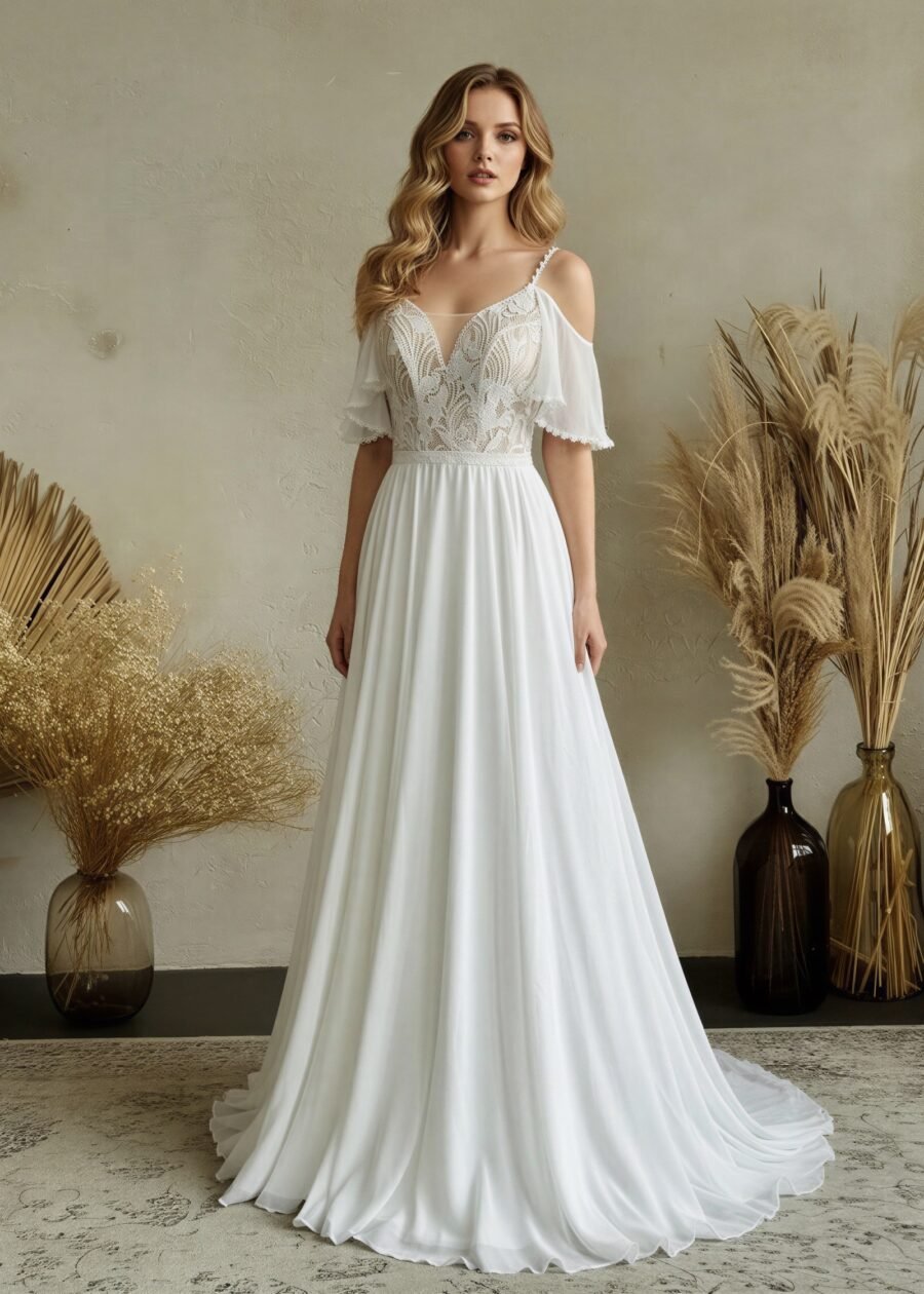 Boho stiliaus ilgo šifoninio sijono vestuvinė suknelė atvirais pečiais