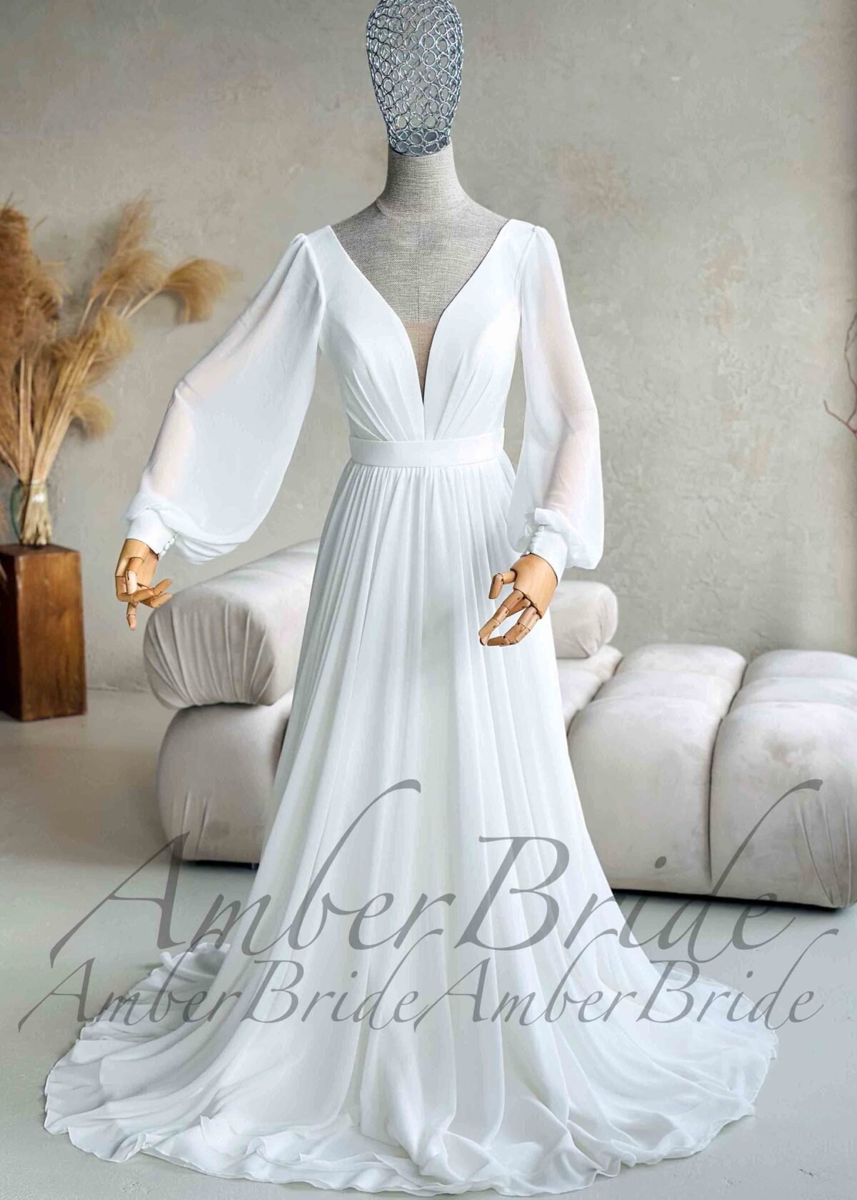 Lengva šifoninė suknelė ilgomis pūstomis rankovėmis - Image 6