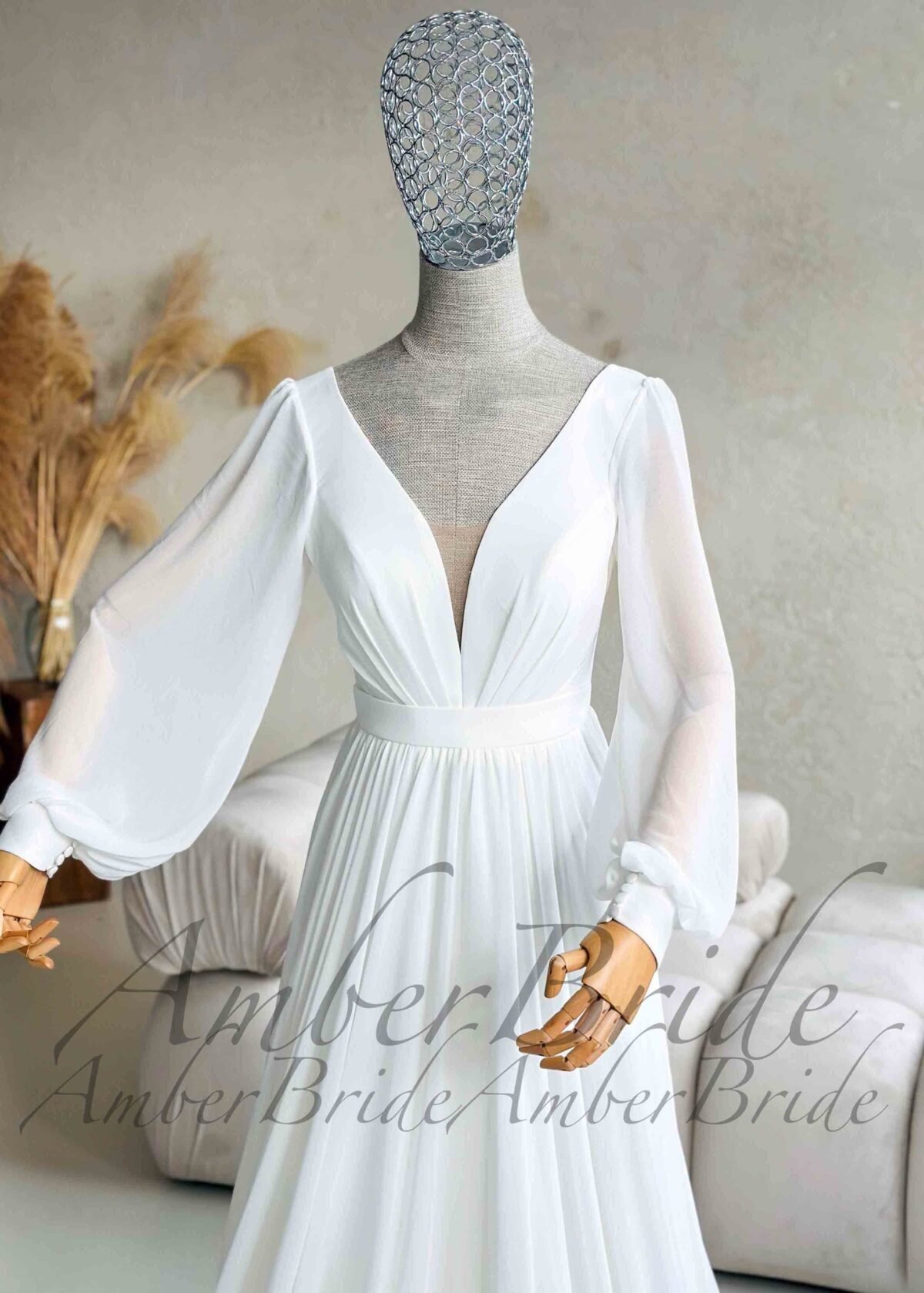 Lengva šifoninė suknelė ilgomis pūstomis rankovėmis - Image 3