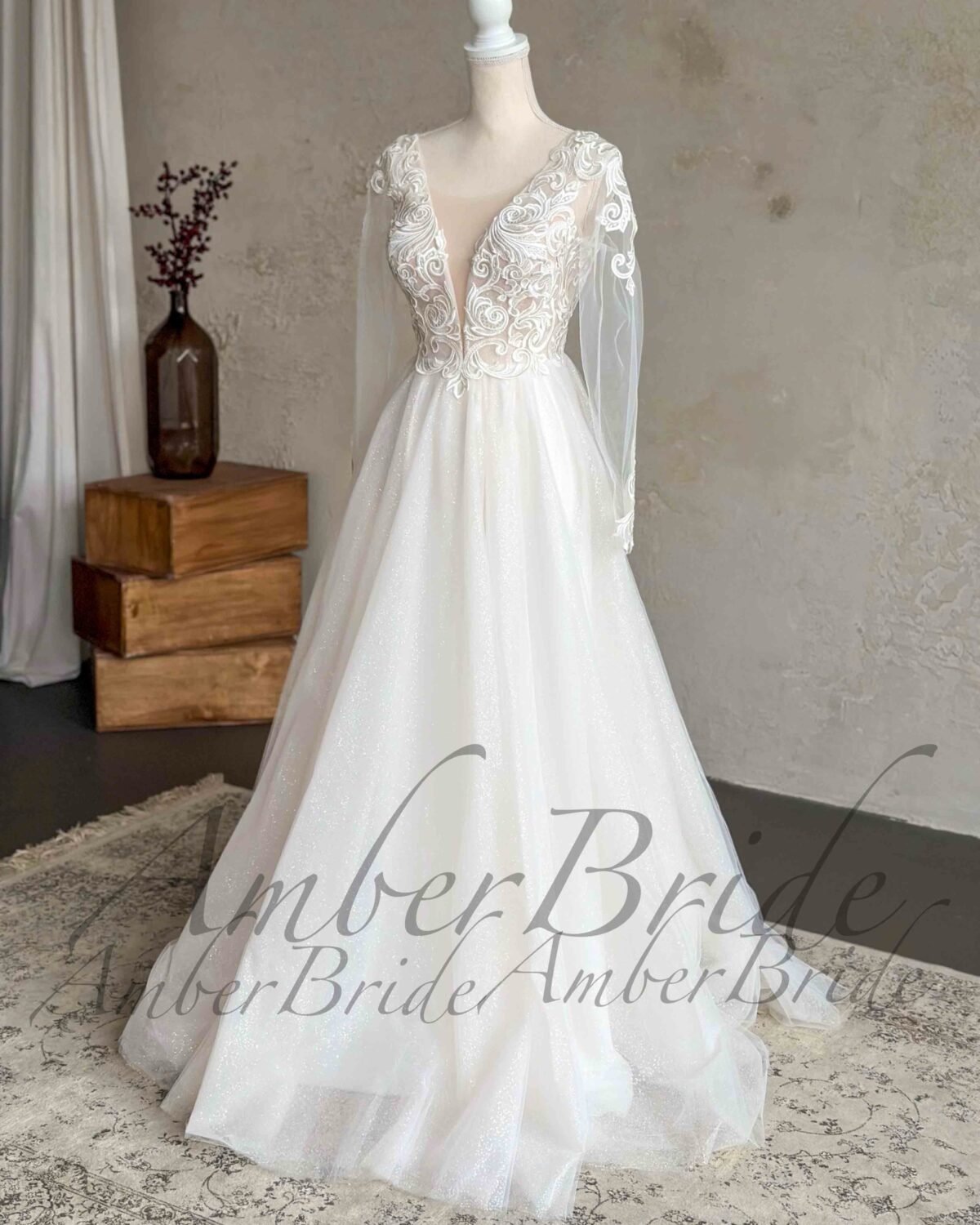 Bohemiška tulio vestuvinė suknelė su ilgomis rankovėmis - Image 2