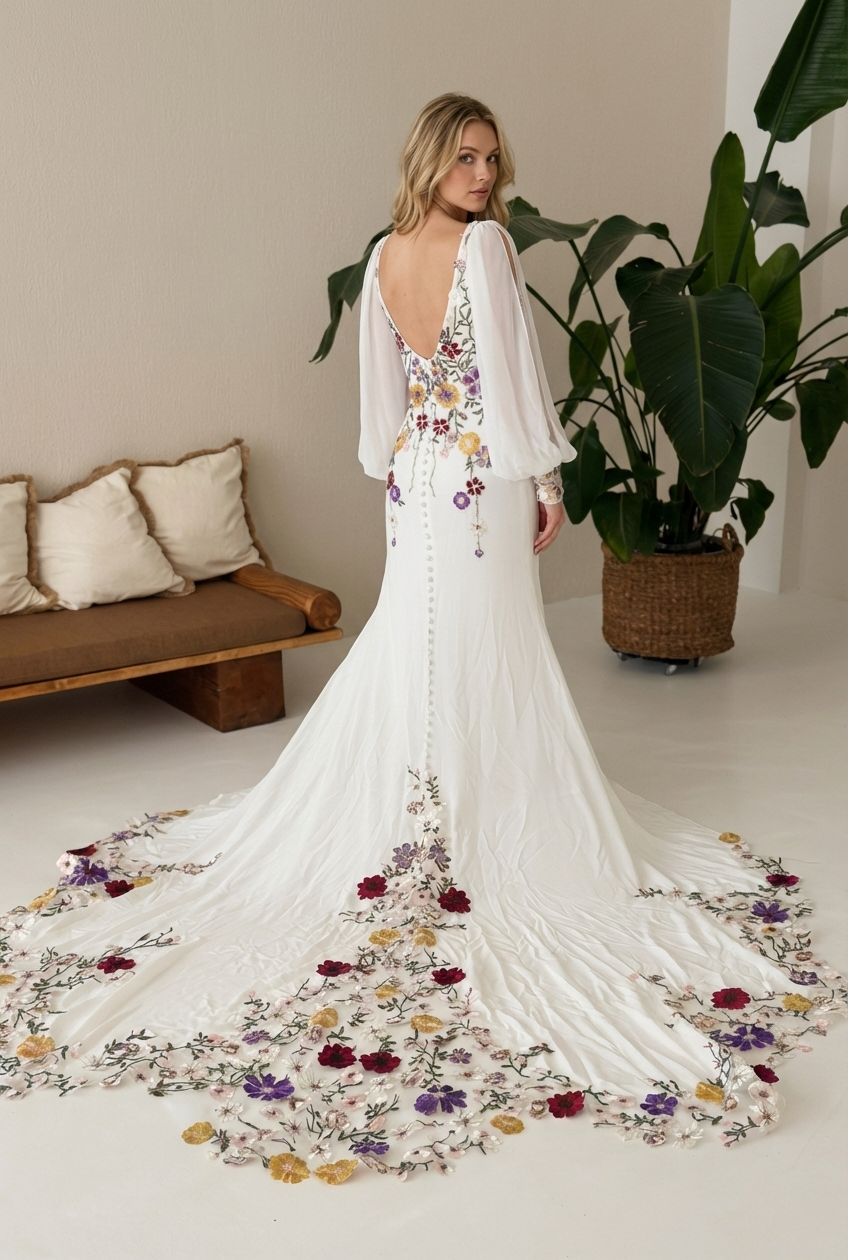 Modernaus dizaino vestuvinė suknelė su ilgomis rankovėmis