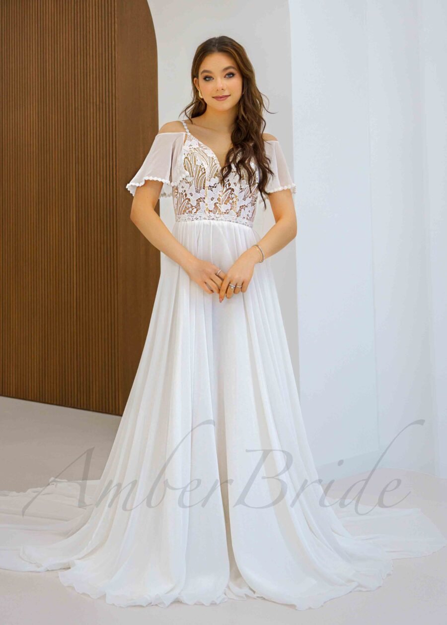 Boho stiliaus ilgo šifoninio sijono vestuvinė suknelė atvirais pečiais