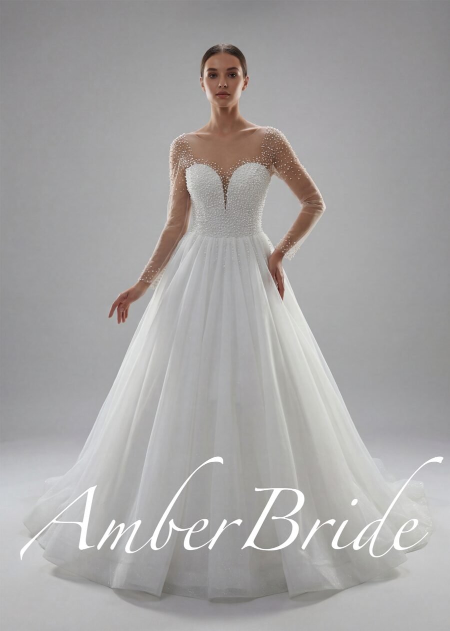 Modernaus dizaino vestuvinė suknelė ilgomis rankovėmis