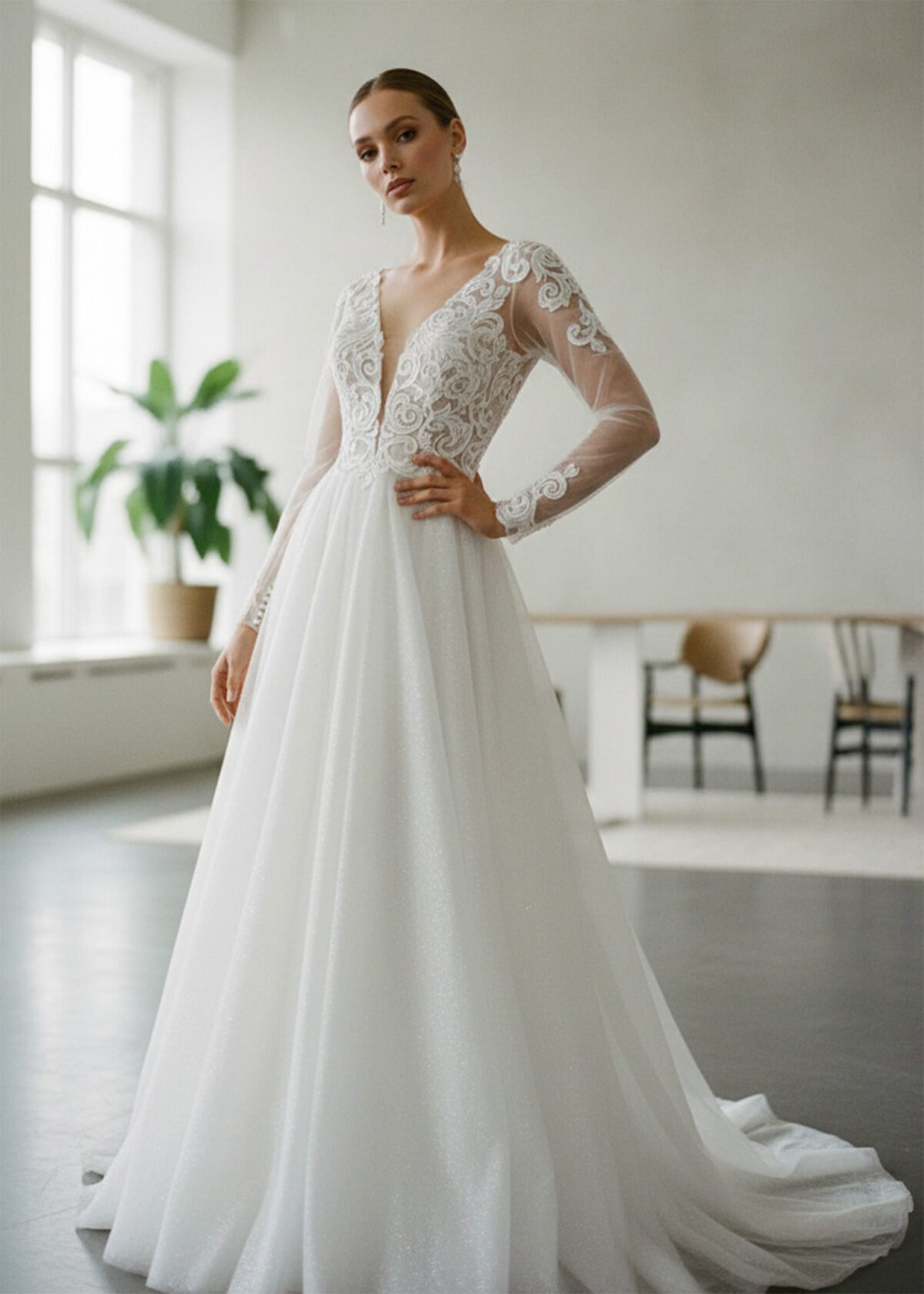 Bohemiška tulio vestuvinė suknelė su ilgomis rankovėmis