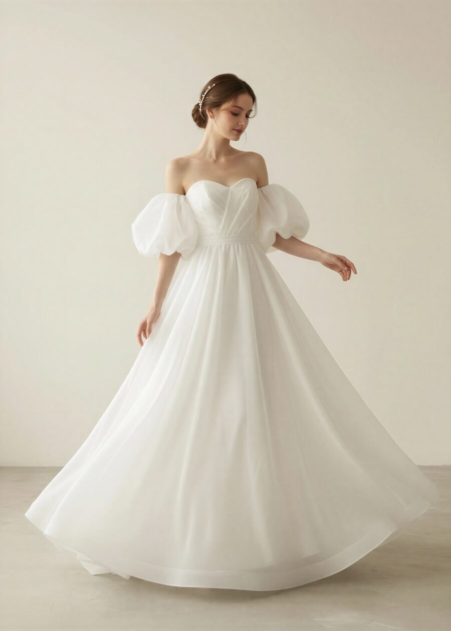 Klasikinė organzos vestuvinės suknelė su trumpomis pūstomis rankovėmis